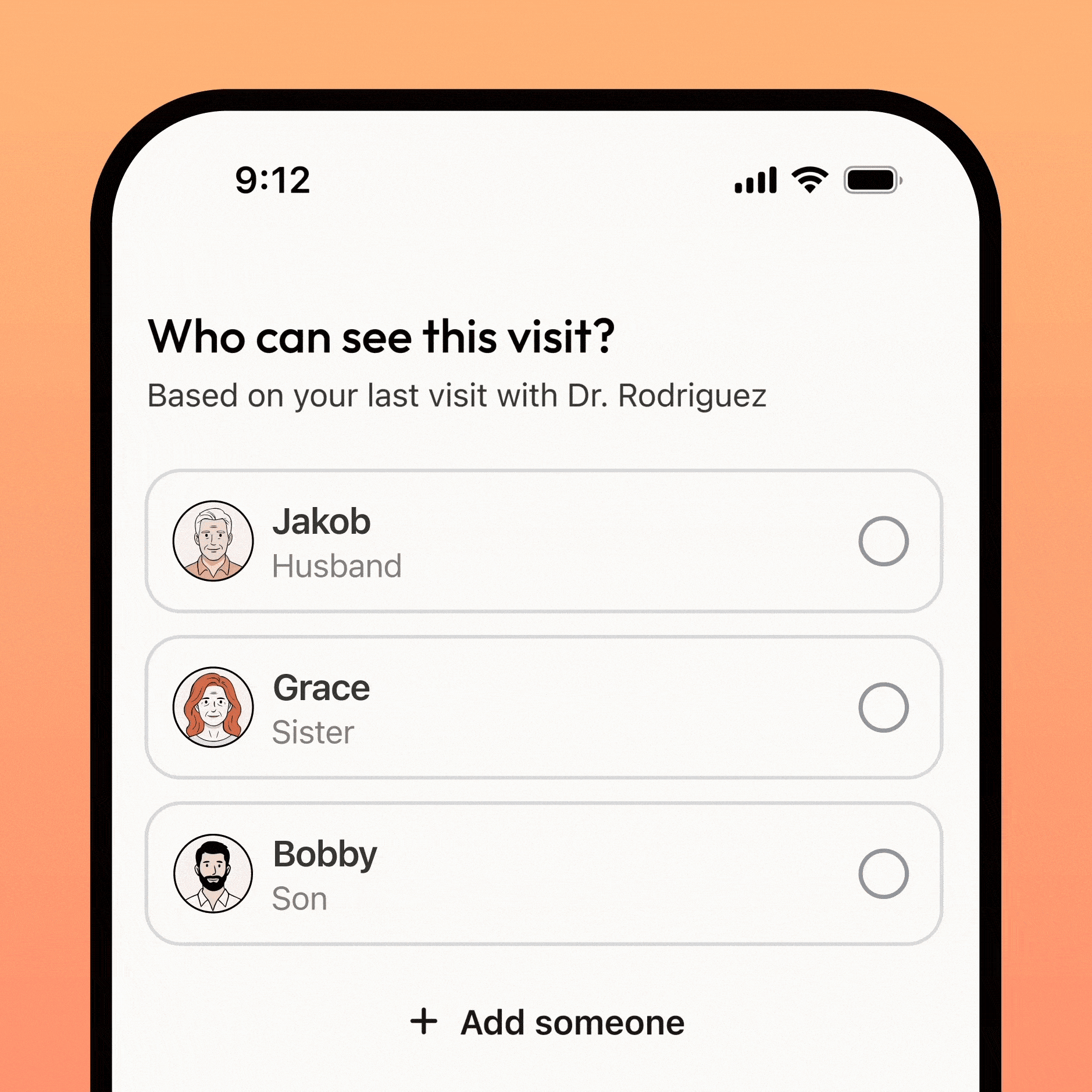 Kin app showing a visit summary being shared with a family member